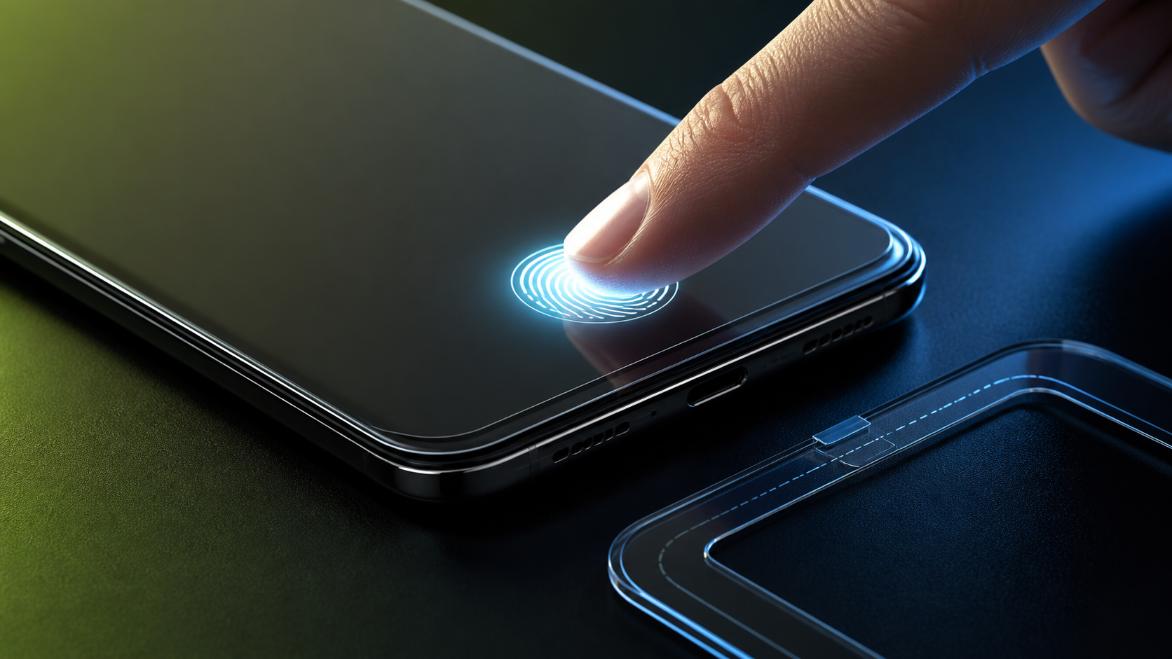保護フィルムを貼ったスマートフォンで指紋認証を設定するイメージ